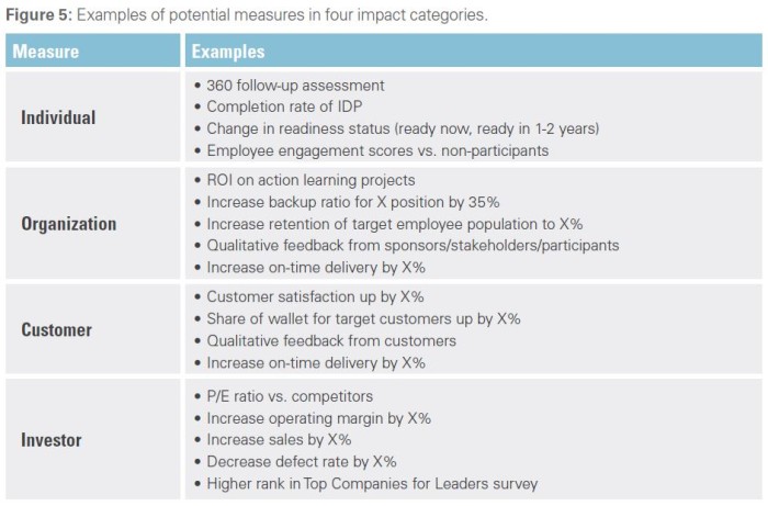 Examples of potential measures in four impact categories.