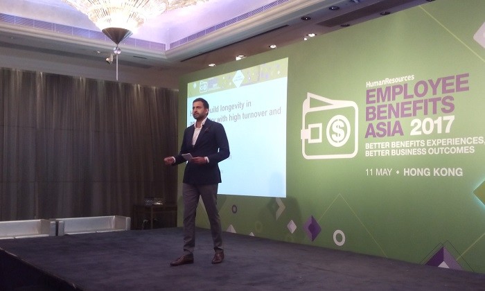 Syed Asim Hussain on stage at EBA2017 Hong Kong, hr
